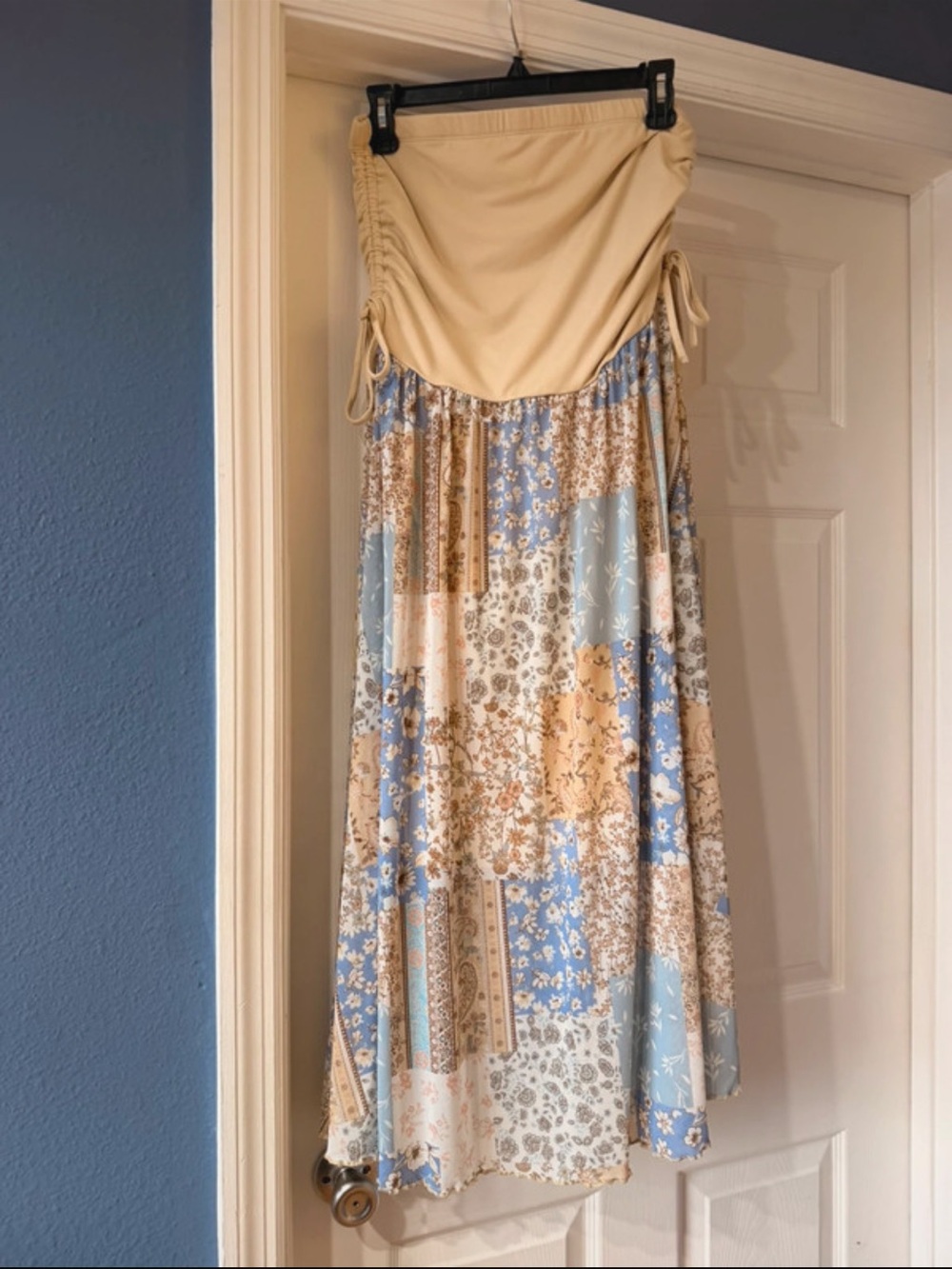 Strapless Patchwork Maxi Dress in Beige and Light Blue